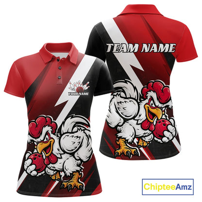 Custom Black And Red Funny Bold Confident Chicken Bowling Shirt For Women, Bowling Jerseys IPHW11622