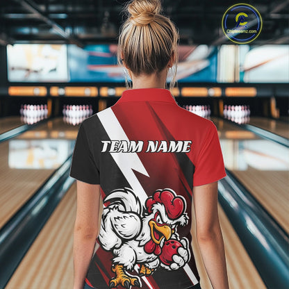 Custom Black And Red Funny Bold Confident Chicken Bowling Shirt For Women, Bowling Jerseys IPHW11622