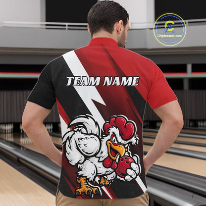 Custom Black And Red Funny Bold Confident Chicken Bowling Shirt For Men, Bowling Jerseys IPHW11622