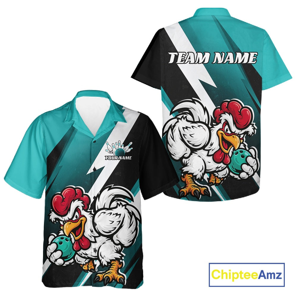 Custom Teal Blue Funny Bold Confident Chicken Bowling Shirt For Men And Women, Bowling Jerseys IPHW11623
