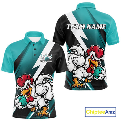 Custom Teal Blue Funny Bold Confident Chicken Bowling Shirt For Men, Bowling Jerseys IPHW11623