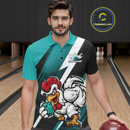 Custom Teal Blue Funny Bold Confident Chicken Bowling Shirt For Men, Bowling Jerseys IPHW11623