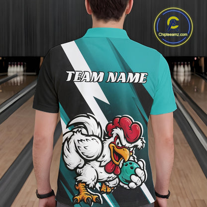 Custom Teal Blue Funny Bold Confident Chicken Bowling Shirt For Men, Bowling Jerseys IPHW11623