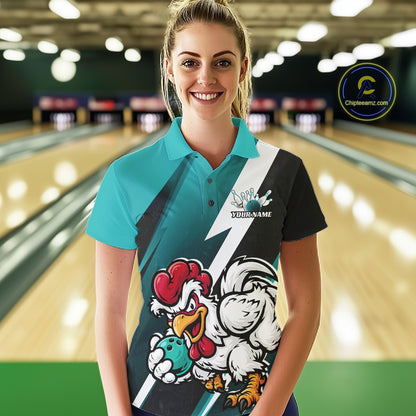 Custom Teal Blue Funny Bold Confident Chicken Bowling Shirt For Women, Bowling Jerseys IPHW11623