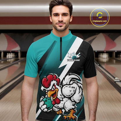 Custom Teal Blue Funny Bold Confident Chicken Bowling Shirt For Men, Bowling Jerseys IPHW11623