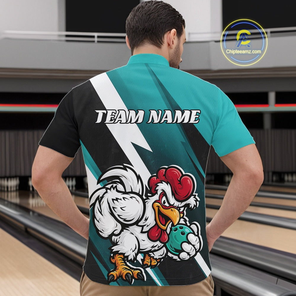 Custom Teal Blue Funny Bold Confident Chicken Bowling Shirt For Men, Bowling Jerseys IPHW11623