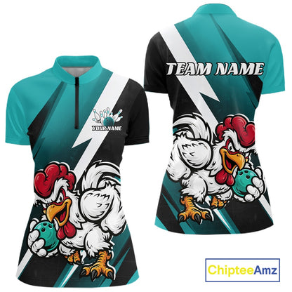 Custom Teal Blue Funny Bold Confident Chicken Bowling Shirt For Women, Bowling Jerseys IPHW11623