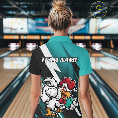 Custom Teal Blue Funny Bold Confident Chicken Bowling Shirt For Women, Bowling Jerseys IPHW11623