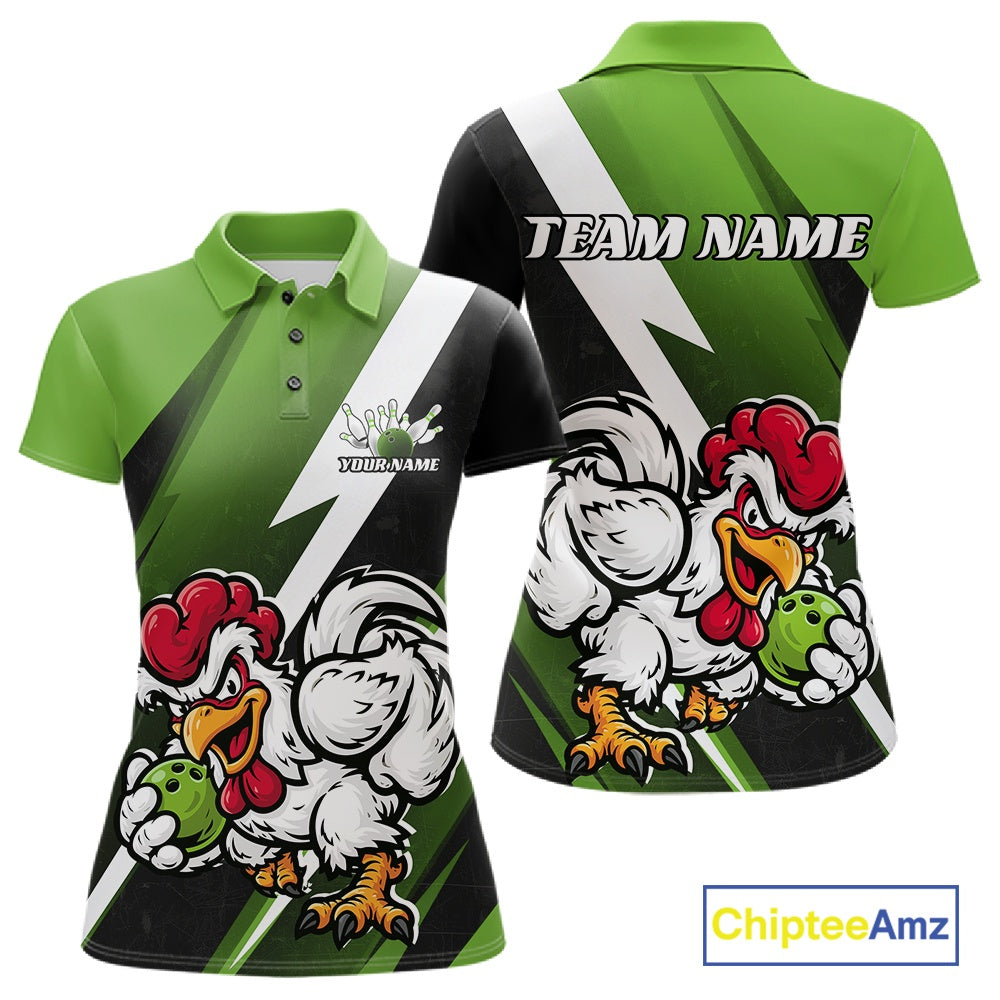 Custom Green Funny Bold Confident Chicken Bowling Shirt For Women, Bowling Jerseys IPHW11624