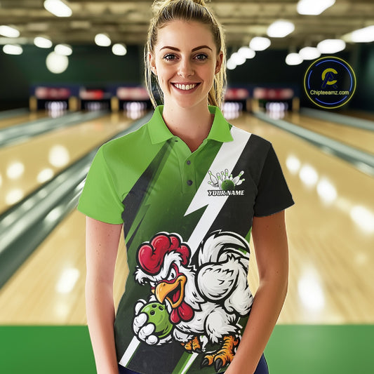Custom Green Funny Bold Confident Chicken Bowling Shirt For Women, Bowling Jerseys IPHW11624