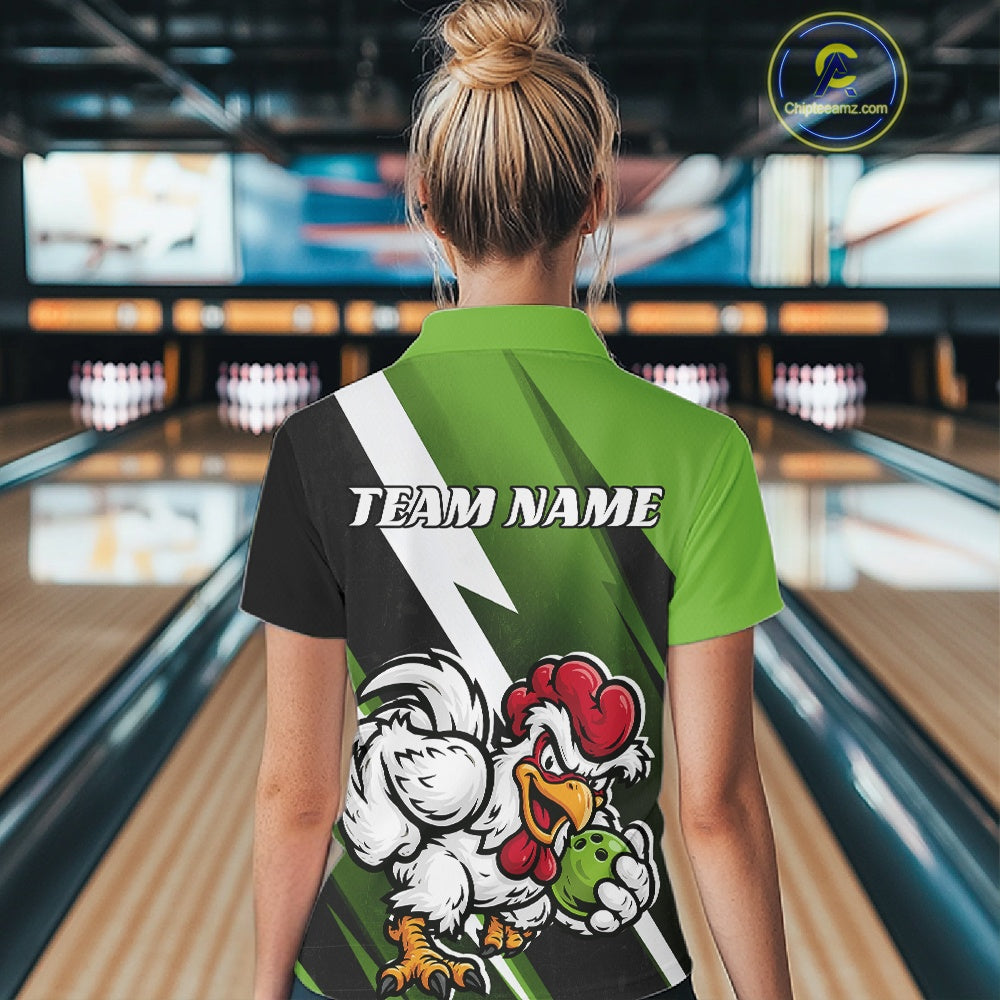 Custom Green Funny Bold Confident Chicken Bowling Shirt For Women, Bowling Jerseys IPHW11624