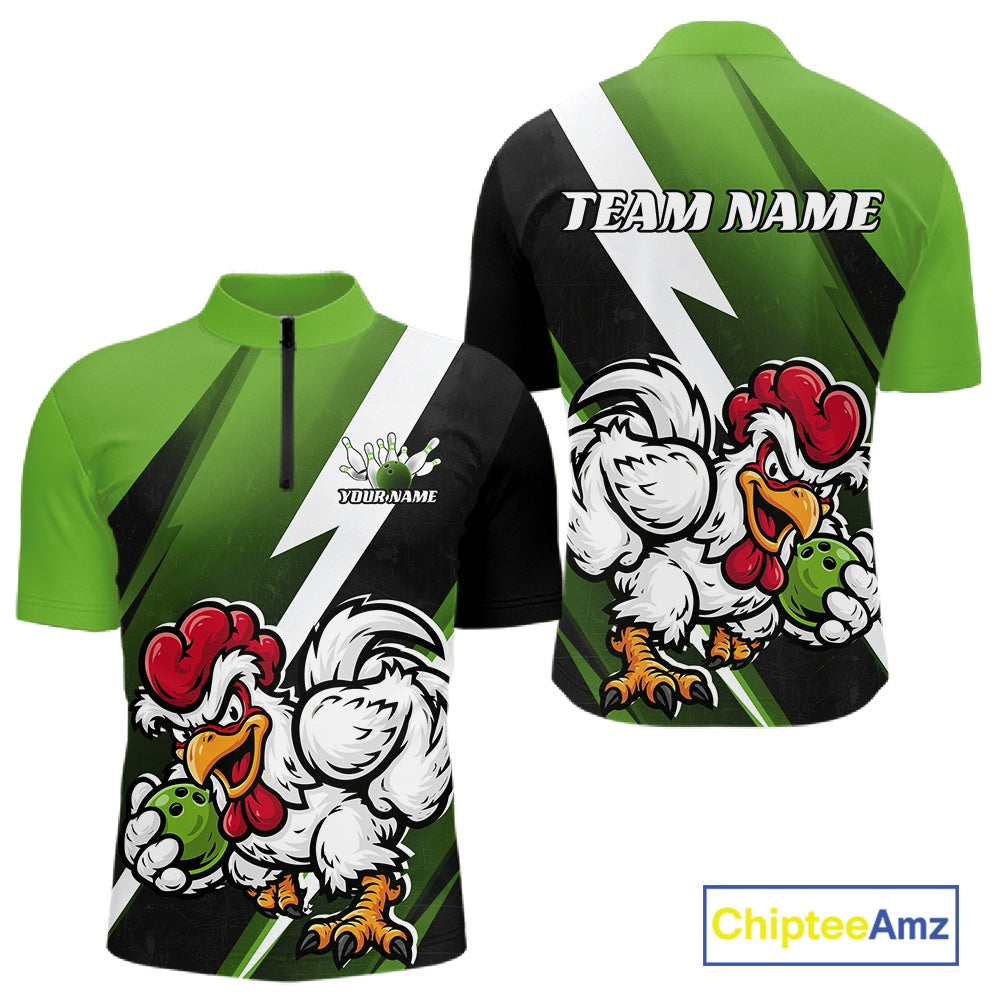 Custom Green Funny Bold Confident Chicken Bowling Shirt For Men, Bowling Jerseys IPHW11624