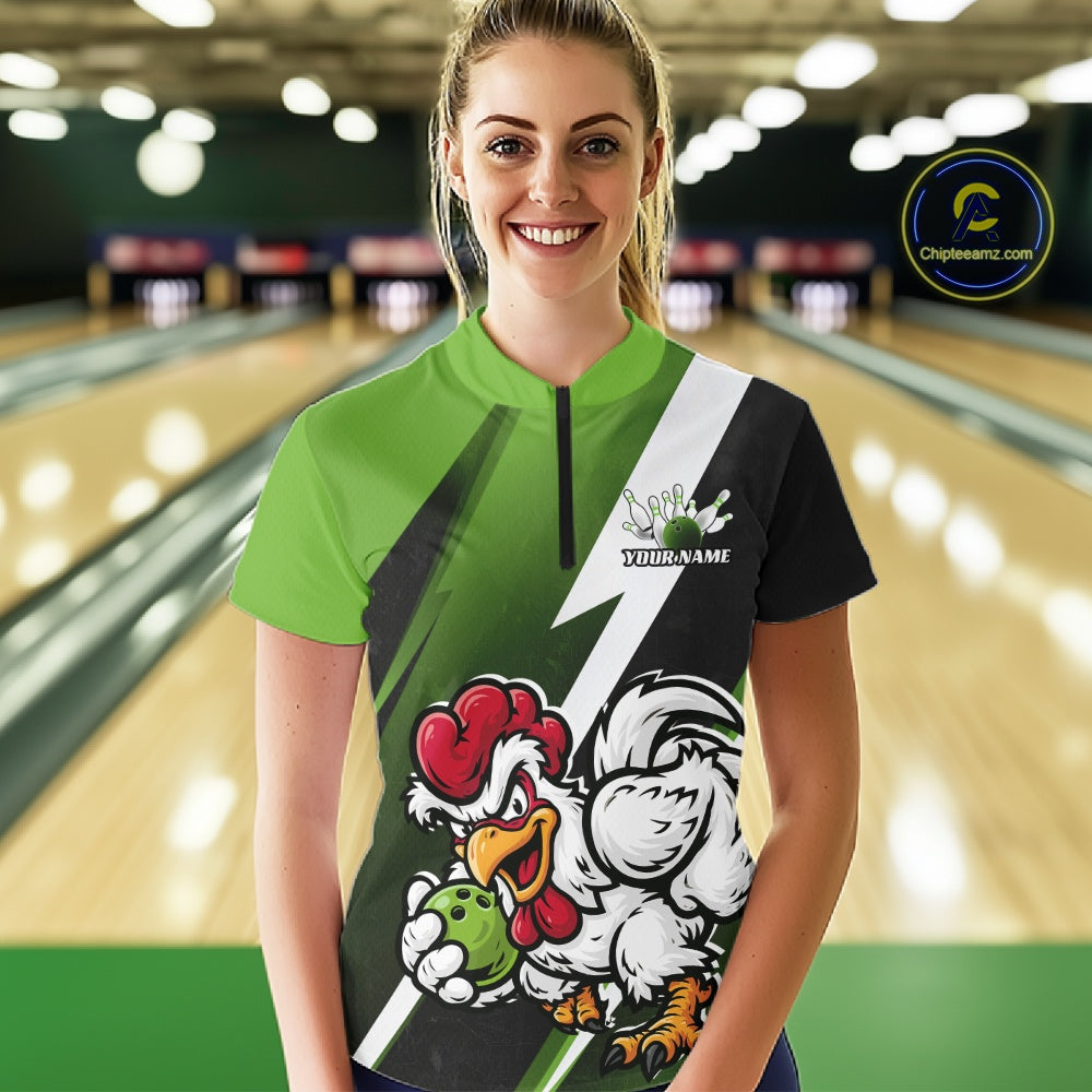Custom Green Funny Bold Confident Chicken Bowling Shirt For Women, Bowling Jerseys IPHW11624
