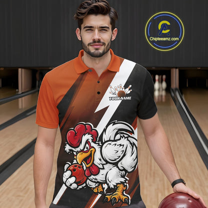 Custom Orange Funny Bold Confident Chicken Bowling Shirt For Men, Bowling Jerseys IPHW11625