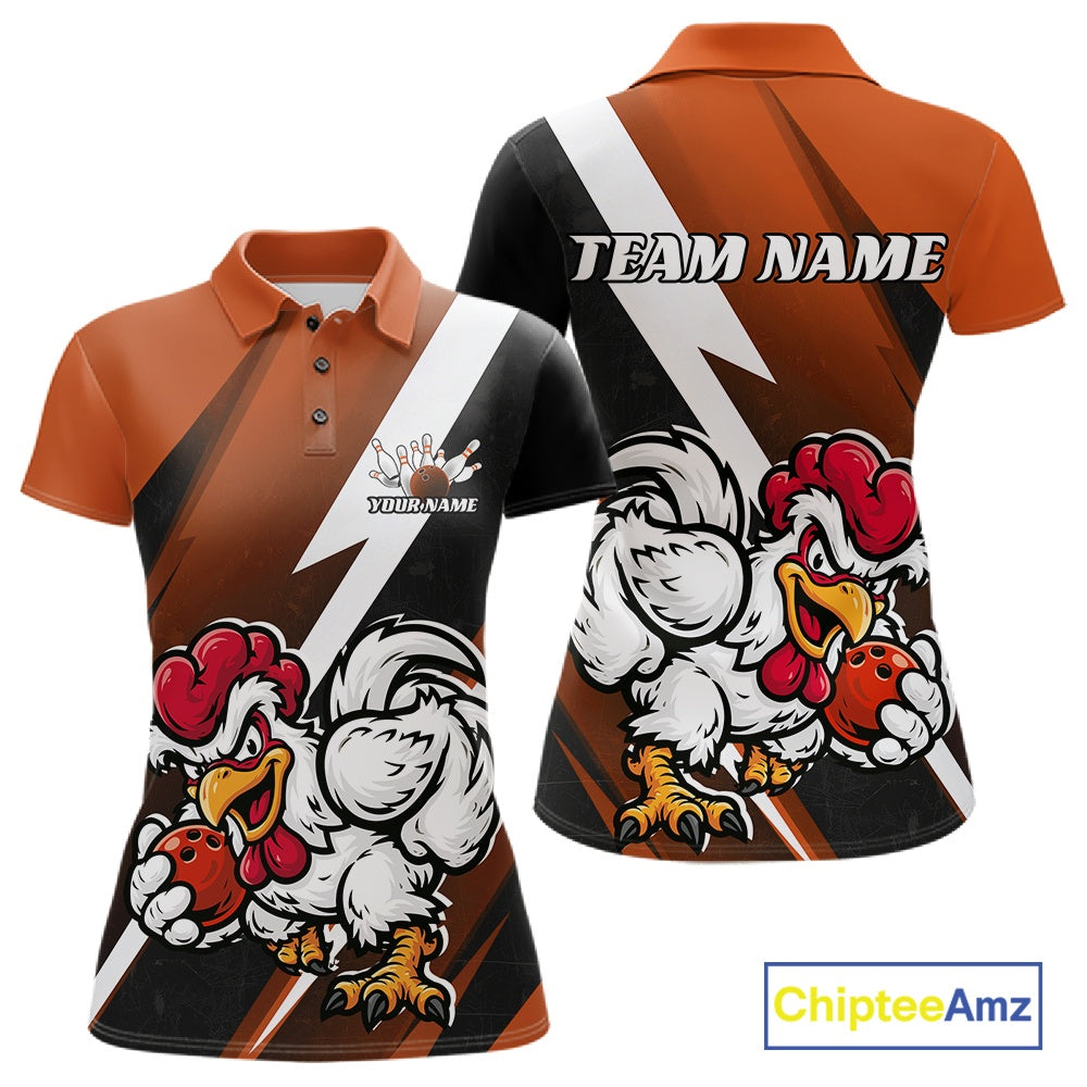 Custom Orange Funny Bold Confident Chicken Bowling Shirt For Women, Bowling Jerseys IPHW11625