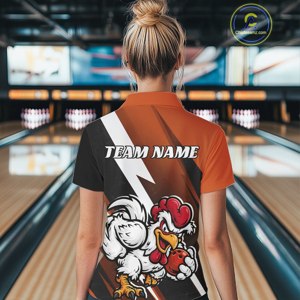 Custom Orange Funny Bold Confident Chicken Bowling Shirt For Women, Bowling Jerseys IPHW11625