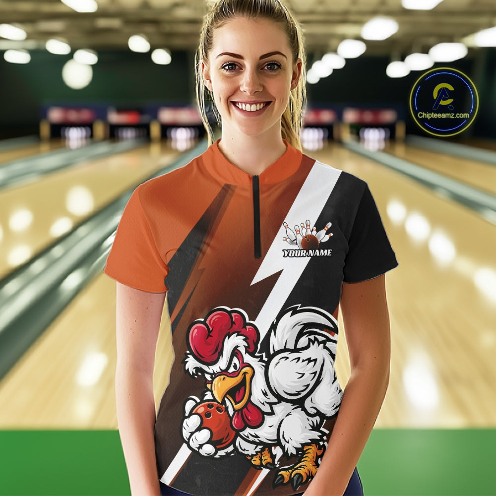Custom Orange Funny Bold Confident Chicken Bowling Shirt For Women, Bowling Jerseys IPHW11625