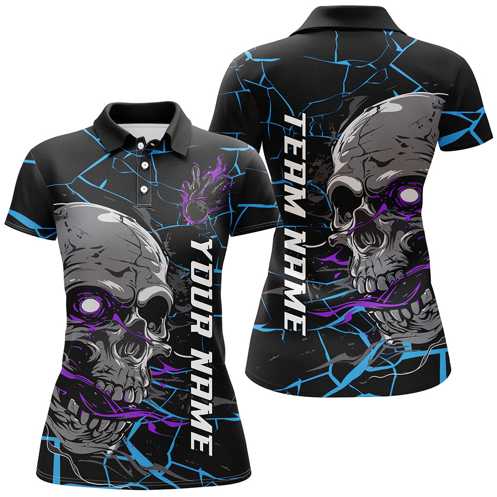 Custom Blue And Purple Halloween Skull Bowling Shirts For Women, Outfit Bowling For Team IPHW7095