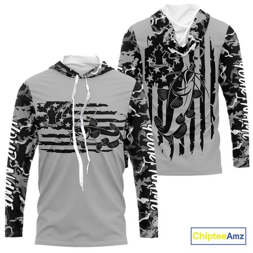 Custom Gray Camo US Flag Patriotic Catfish Fishing Long Sleeve Hooded Tournament Fishing Shirts IPHW9668
