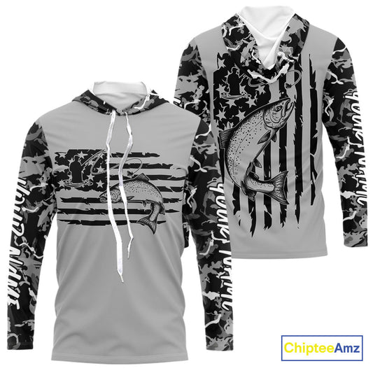 Custom Gray Camo US Flag Patriotic Trout Fly Fishing Long Sleeve Hooded Tournament Fishing Shirts IPHW9669