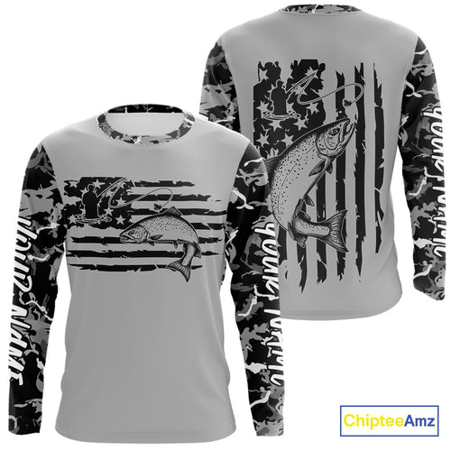 Custom Gray Camo US Flag Patriotic Trout Fly Fishing Long Sleeve Tournament Fishing Shirts IPHW9669