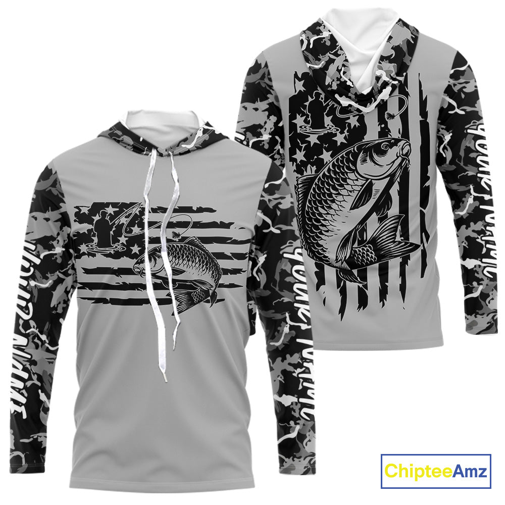 Custom Gray Camo US Flag Patriotic Carp Fishing Long Sleeve Hooded Tournament Fishing Shirts IPHW9670