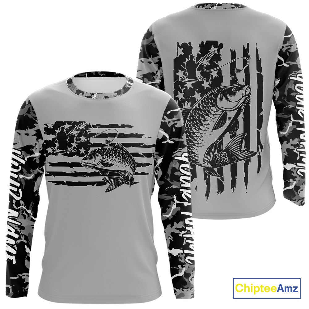 Custom Gray Camo US Flag Patriotic Carp Fishing Long Sleeve Tournament Fishing Shirts IPHW9670