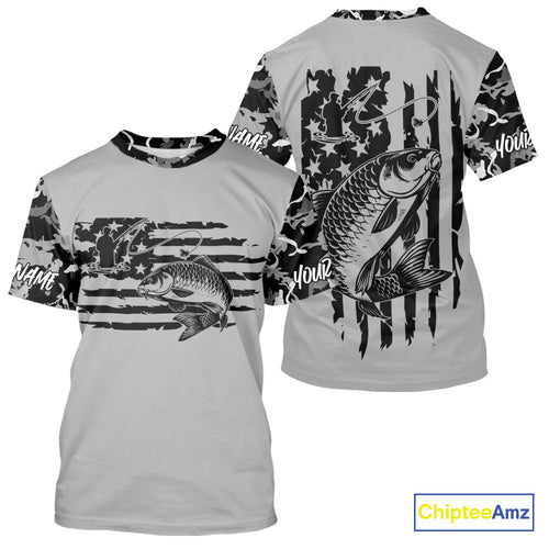Custom Gray Camo US Flag Patriotic Carp Fishing Tournament Fishing T-Shirts IPHW9670