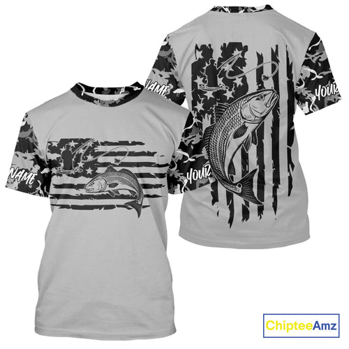 Custom Gray Camo US Flag Patriotic Redfish Fishing Tournament Fishing T-Shirts IPHW9671