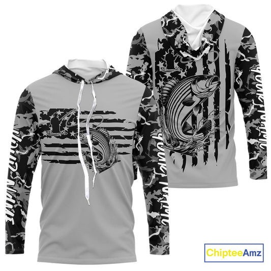Custom Gray Camo US Flag Patriotic Striped Bass Long Sleeve Hooded Tournament Fishing Shirts IPHW9673