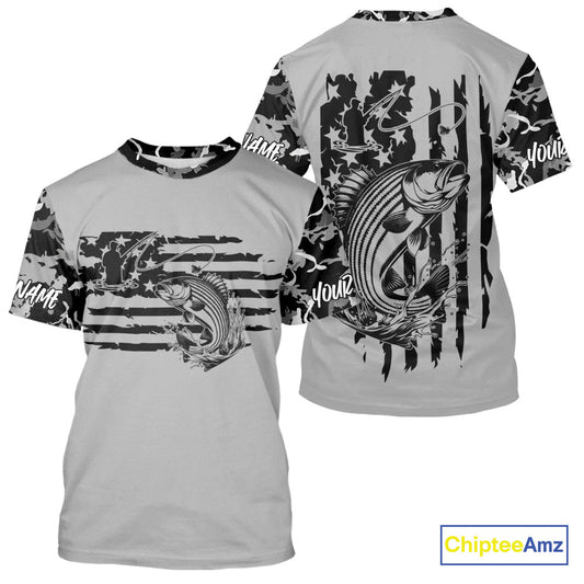 Custom Gray Camo US Flag Patriotic Striped Bass Fishing Tournament Fishing T-Shirts IPHW9673