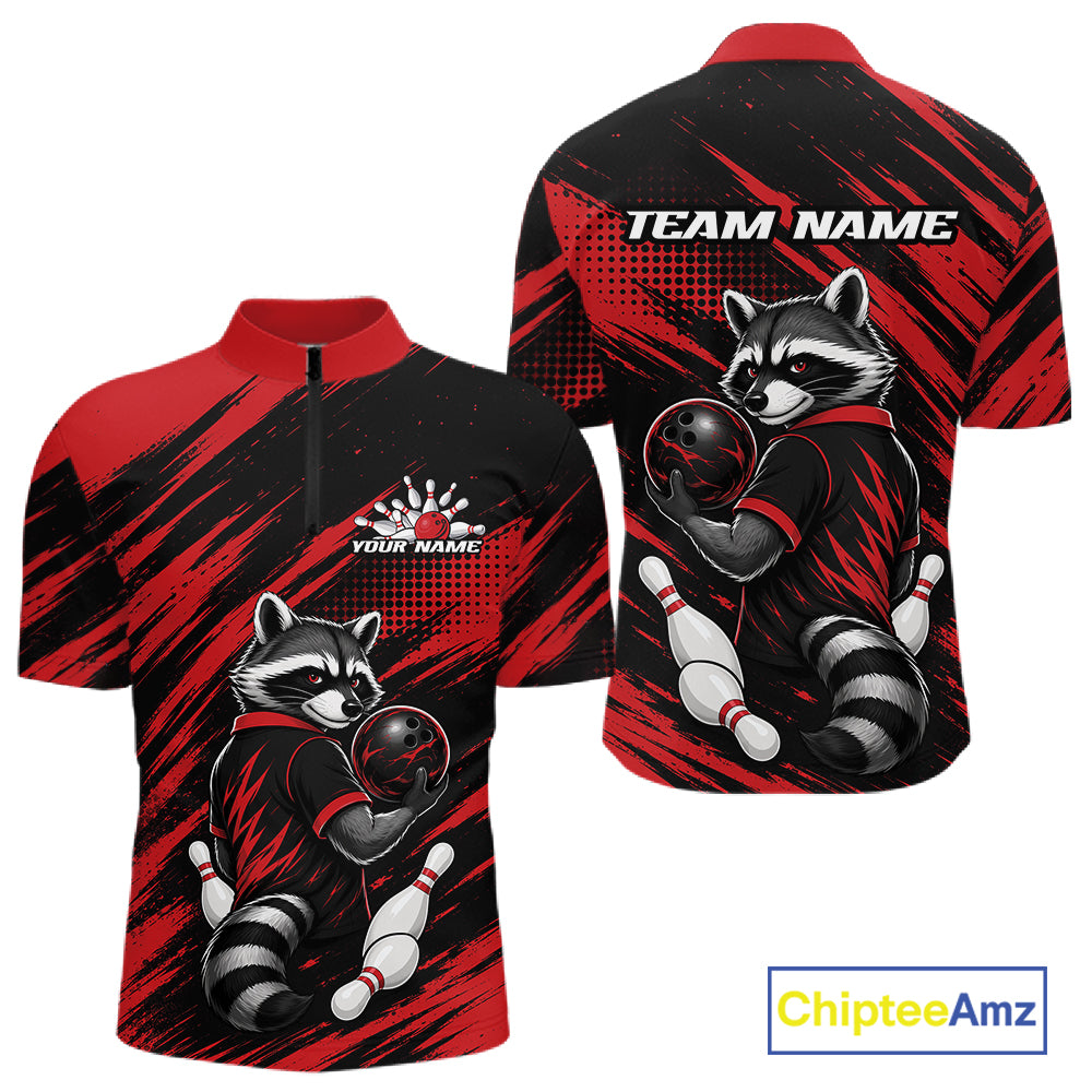 Custom Black And Red Cool Looking Raccoon Bowling Jersey, Funny Bowling Men Quarter Zip Shirt IPHW11861