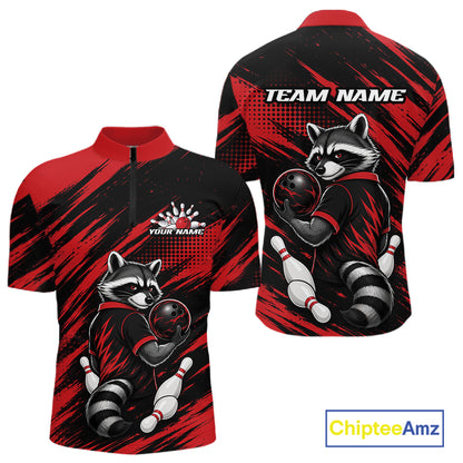 Custom Black And Red Cool Looking Raccoon Bowling Jersey, Funny Bowling Men Quarter Zip Shirt IPHW11861