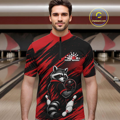 Custom Black And Red Cool Looking Raccoon Bowling Jersey, Funny Bowling Men Quarter Zip Shirt IPHW11861