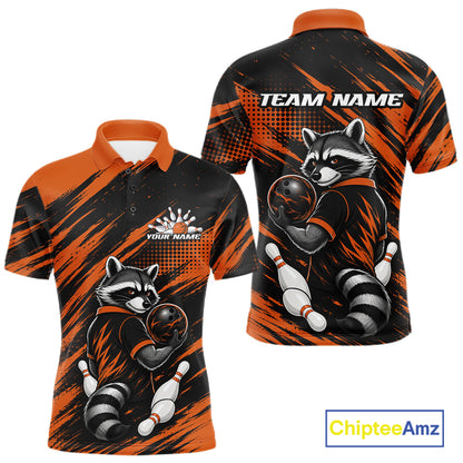 Custom Black And Orange Cool Looking Raccoon Bowling Jersey, Funny Bowling Men Polo Shirt IPHW11863
