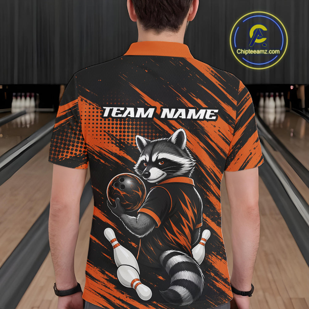 Custom Black And Orange Cool Looking Raccoon Bowling Jersey, Funny Bowling Men Polo Shirt IPHW11863