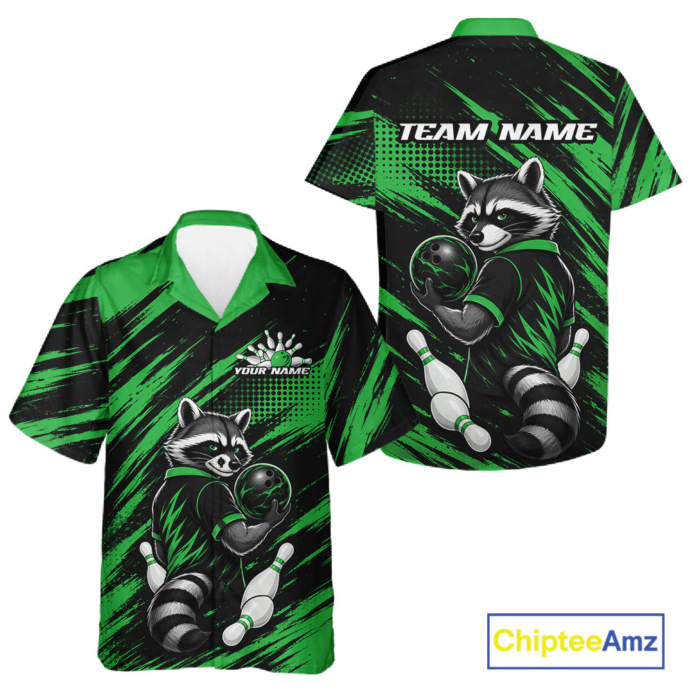 Custom Black And Green Cool Looking Raccoon Bowling Jersey, Funny Bowling Men And Women Button Up Shirt IPHW11864