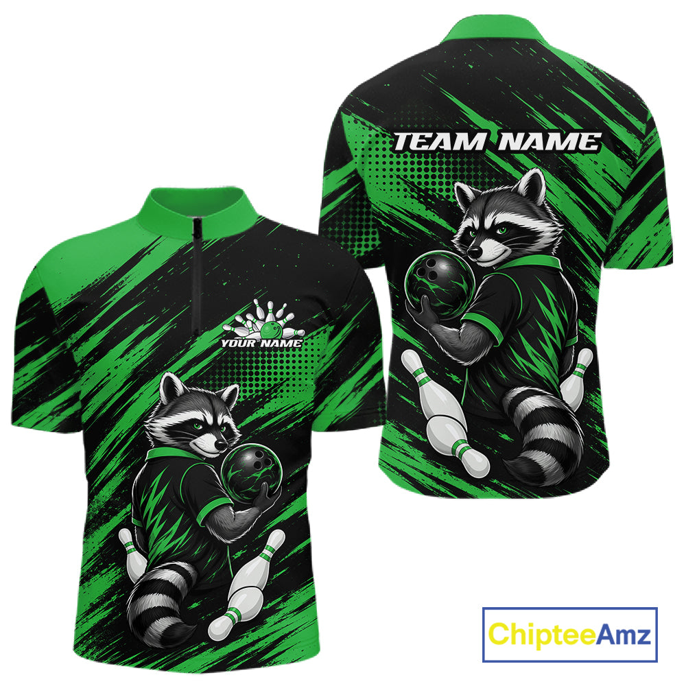 Custom Black And Green Cool Looking Raccoon Bowling Jersey, Funny Bowling Men Quarter Zip Shirt IPHW11864