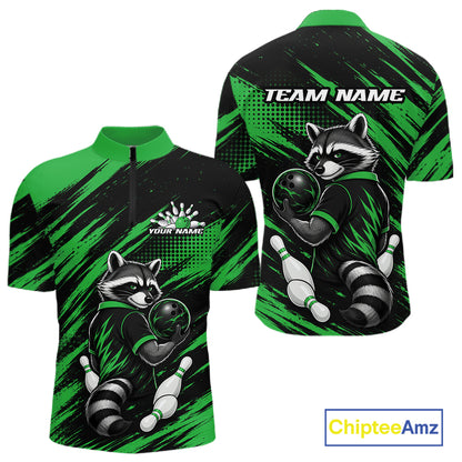 Custom Black And Green Cool Looking Raccoon Bowling Jersey, Funny Bowling Men Quarter Zip Shirt IPHW11864
