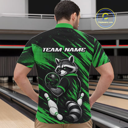 Custom Black And Green Cool Looking Raccoon Bowling Jersey, Funny Bowling Men Quarter Zip Shirt IPHW11864