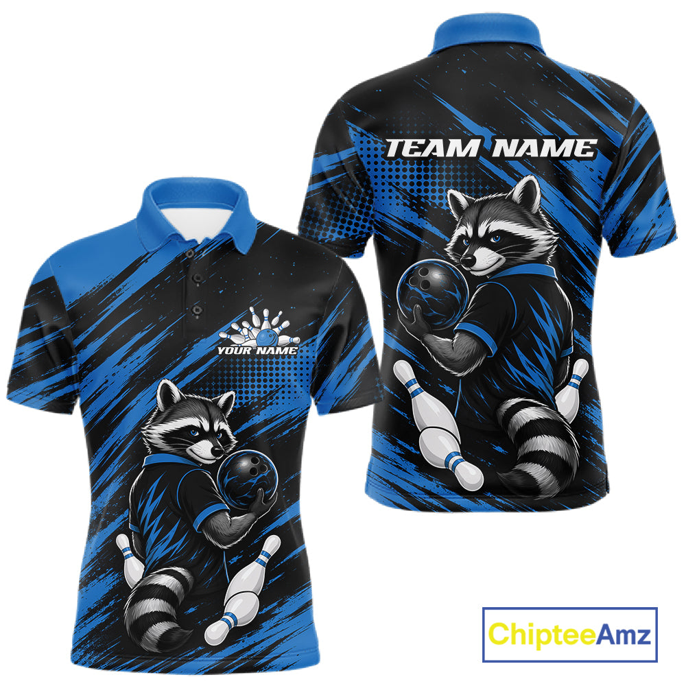 Custom Black And Blue Cool Looking Raccoon Bowling Jersey, Funny Bowling Men Polo Shirt IPHW11865