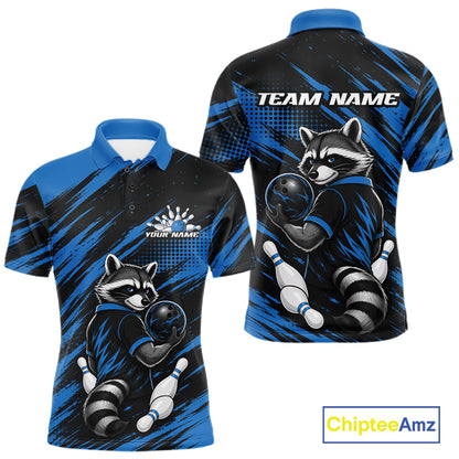 Custom Black And Blue Cool Looking Raccoon Bowling Jersey, Funny Bowling Men Polo Shirt IPHW11865