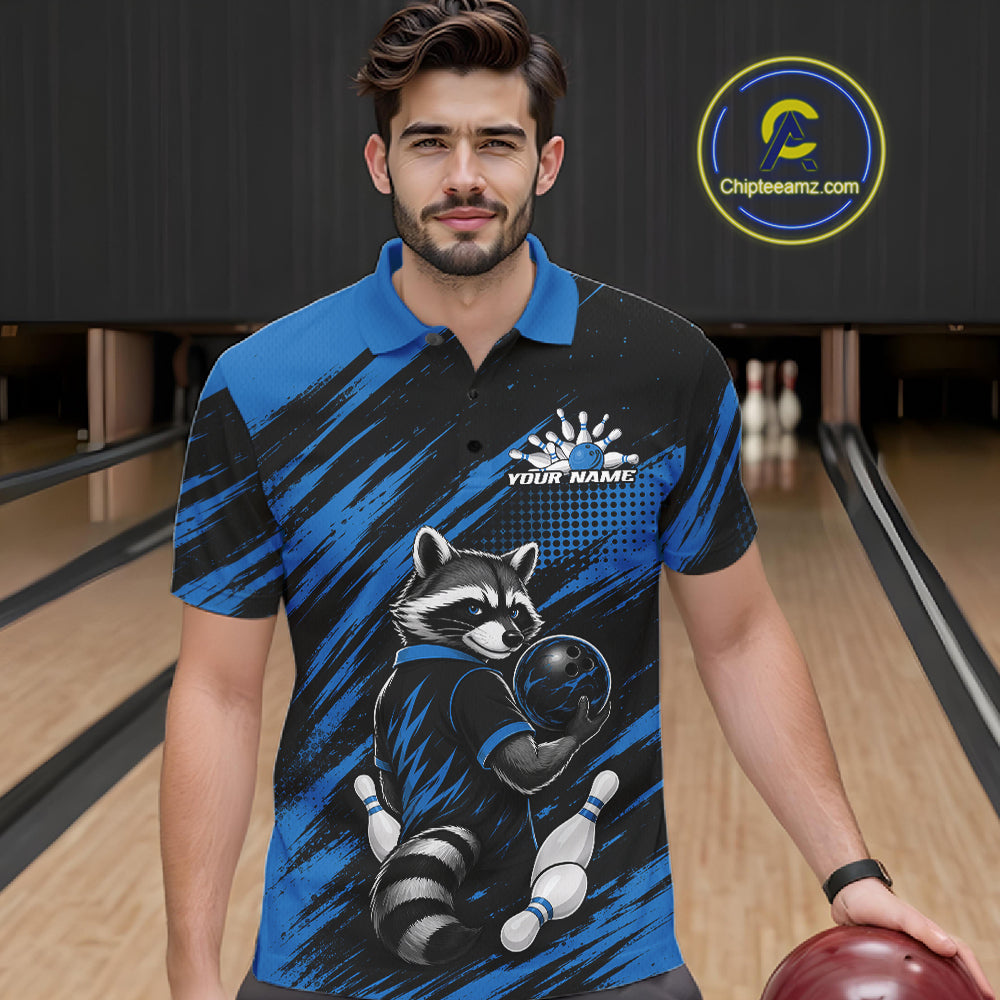 Custom Black And Blue Cool Looking Raccoon Bowling Jersey, Funny Bowling Men Polo Shirt IPHW11865
