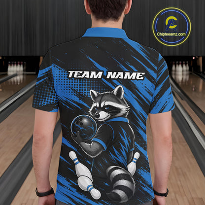 Custom Black And Blue Cool Looking Raccoon Bowling Jersey, Funny Bowling Men Polo Shirt IPHW11865