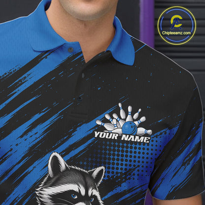 Custom Black And Blue Cool Looking Raccoon Bowling Jersey, Funny Bowling Men Polo Shirt IPHW11865
