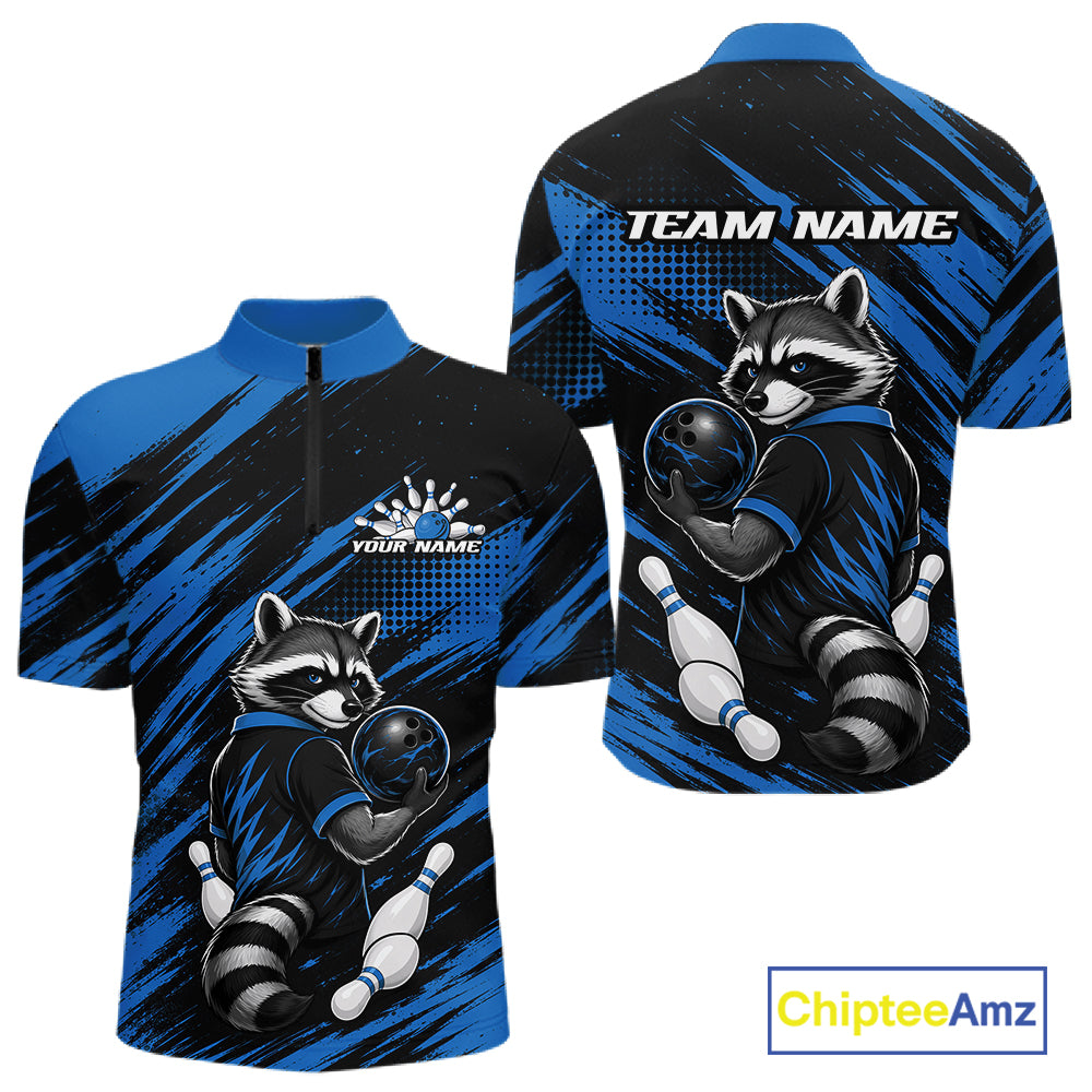 Custom Black And Blue Cool Looking Raccoon Bowling Jersey, Funny Bowling Men Quarter Zip Shirt IPHW11865