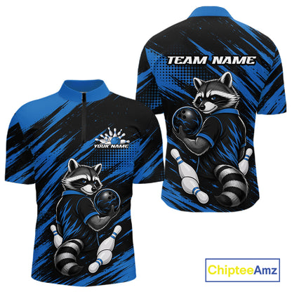 Custom Black And Blue Cool Looking Raccoon Bowling Jersey, Funny Bowling Men Quarter Zip Shirt IPHW11865