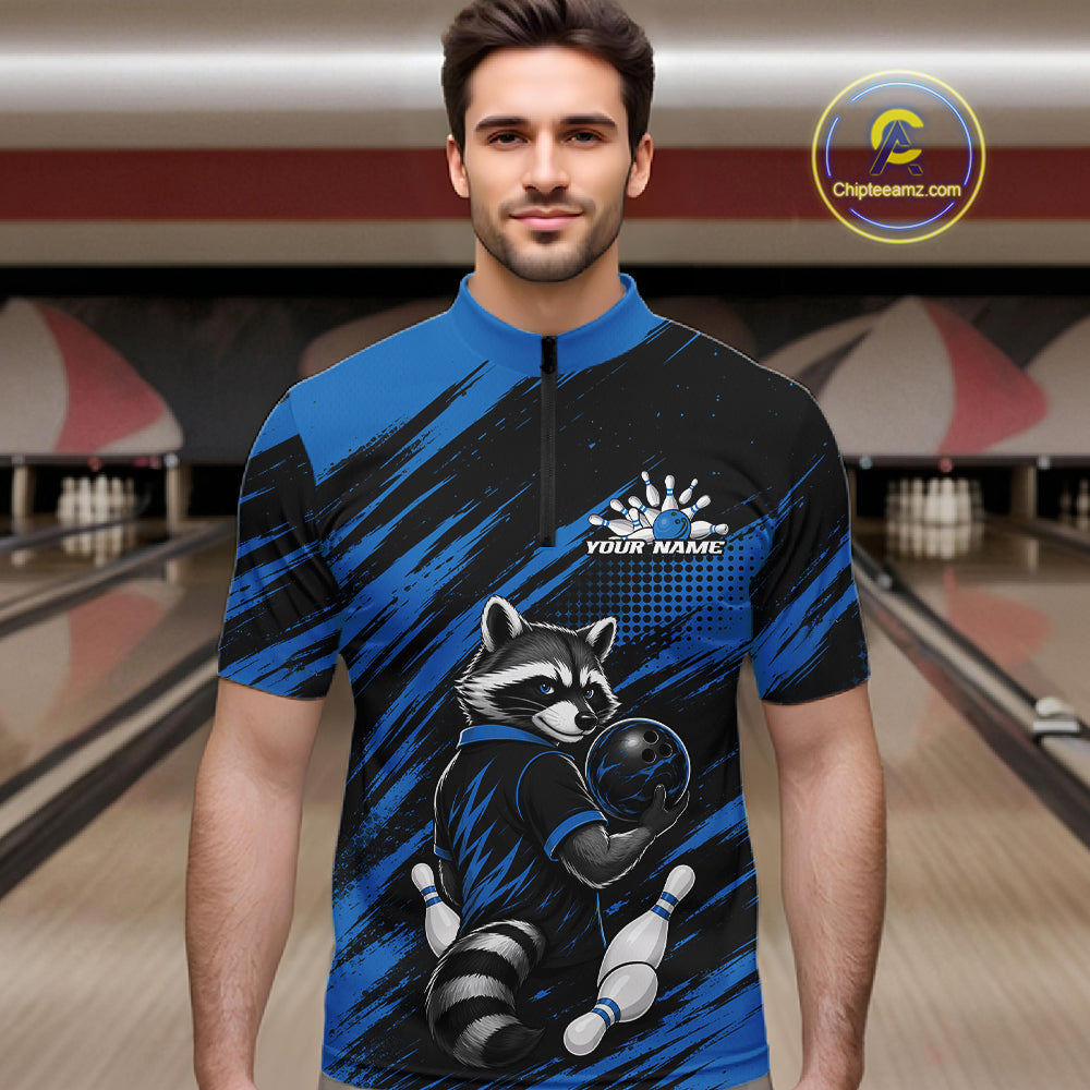 Custom Black And Blue Cool Looking Raccoon Bowling Jersey, Funny Bowling Men Quarter Zip Shirt IPHW11865