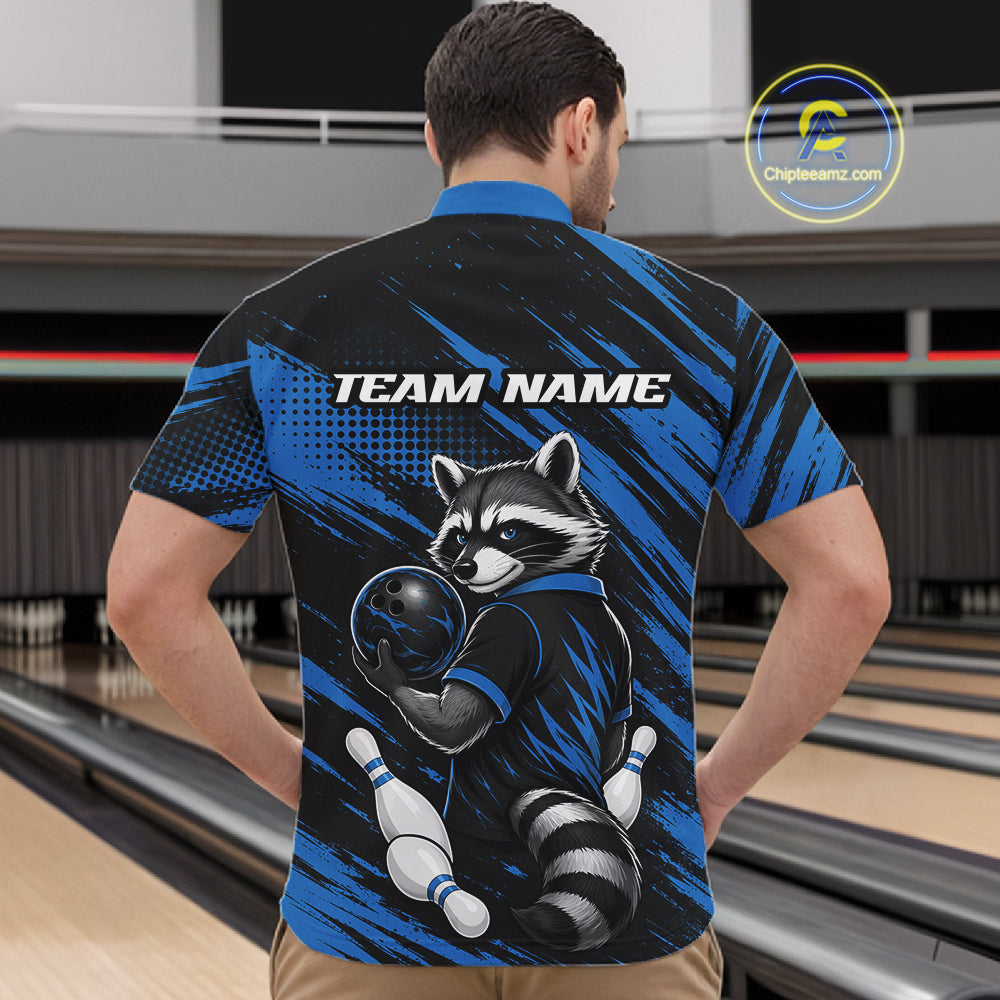 Custom Black And Blue Cool Looking Raccoon Bowling Jersey, Funny Bowling Men Quarter Zip Shirt IPHW11865