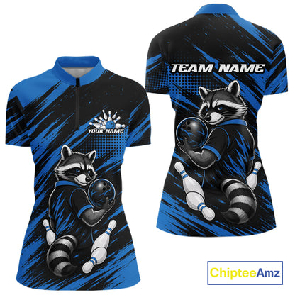Custom Black And Blue Cool Raccoon Bowling Jersey, Funny Bowling Women Quarter-Zip Shirt IPHW11865